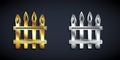 Gold and silver Classic iron fence with metal pillars icon isolated on black background. Ancient wrought iron fence Royalty Free Stock Photo