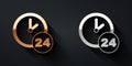 Gold and silver Clock 24 hours icon isolated on black background. All day cyclic icon. 24 hours service symbol. Long