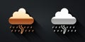 Gold and silver Cloud with rain and lightning icon isolated on black background. Rain cloud precipitation with rain Royalty Free Stock Photo