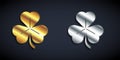 Gold and silver Clover icon isolated on black background. Happy Saint Patrick day. Long shadow style. Vector