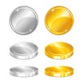 Gold and silver coins in different positions on white background