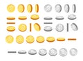 Gold and silver coins with dollar symbol, set of icons at different angles for animation. Flat cartoon gold and silver