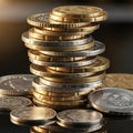 Of gold and silver coins are piled on a reflective surface creating a Royalty Free Stock Photo