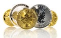 Gold and Silver Coins - White Background Royalty Free Stock Photo