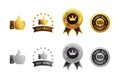 Gold and silver thumb up good best choice best quality money back guarantee award badge label emblem design in vector