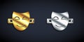 Gold and silver Comedy theatrical mask icon isolated on black background. Long shadow style. Vector