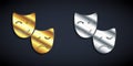 Gold and silver Comedy and tragedy theatrical masks icon isolated on black background. Long shadow style. Vector Royalty Free Stock Photo