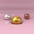 Gold, silver and copper balls dented pink surface