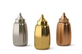 Gold, silver and copper three baby bottles on white background 3