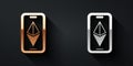 Gold and silver Cryptocurrency coin Ethereum ETH icon isolated on black background. Altcoin symbol. Blockchain based