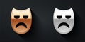 Gold and silver Drama theatrical mask icon isolated on black background. Long shadow style. Vector