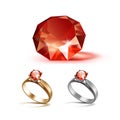 Gold and Silver Engagement Rings with Red Shiny Clear Diamond Royalty Free Stock Photo