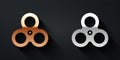 Gold and silver Fidget spinner icon isolated on black background. Stress relieving toy. Trendy hand spinner. Long shadow