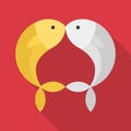 Gold and silver fish kissing on red background