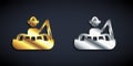 Gold and silver Fisherman sitting in a boat and fishing with a rod icon isolated on black background. Long shadow style Royalty Free Stock Photo