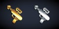 Gold and silver Fishing harpoon icon isolated on black background. Fishery manufacturers for catching fish under water
