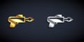 Gold and silver Fishing harpoon icon isolated on black background. Fishery manufacturers for catching fish under water