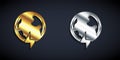 Gold and silver Global energy power planet with flash thunderbolt icon isolated on black background. Ecology concept and