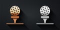 Gold and silver Golf ball on tee icon isolated on black background. Long shadow style. Vector Royalty Free Stock Photo