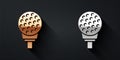 Gold and silver Golf ball on tee icon isolated on black background. Long shadow style. Vector Royalty Free Stock Photo