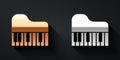 Gold and silver Grand piano icon isolated on black background. Musical instrument. Long shadow style. Vector Royalty Free Stock Photo