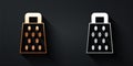 Gold and silver Grater icon isolated on black background. Kitchen symbol. Cooking utensil. Cutlery sign. Long shadow