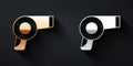 Gold and silver Hair dryer icon isolated on black background. Hairdryer sign. Hair drying symbol. Blowing hot air. Long