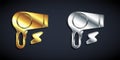 Gold and silver Hair dryer icon isolated on black background. Hairdryer sign. Hair drying symbol. Blowing hot air. Long