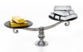 Gold and silver ingots standing on two sides of a scale. 3D illustration Royalty Free Stock Photo