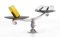 Gold and silver ingots standing on two sides of a scale. 3D illustration Royalty Free Stock Photo