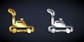 Gold and silver Lawn mower icon isolated on black background. Lawn mower cutting grass. Long shadow style. Vector Royalty Free Stock Photo