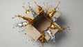 Gold and silver liquid splashes erupting from an open cardboard box splatter Royalty Free Stock Photo