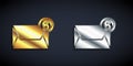 Gold and silver Mail and e-mail icon isolated on black background. Envelope symbol e-mail. Email message sign. Long Royalty Free Stock Photo