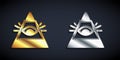 Gold and silver Masons symbol All-seeing eye of God icon isolated on black background. The eye of Providence in the