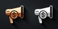 Gold and silver Megaphone and dollar icon isolated on black background. Loud speech alert concept. Bullhorn for