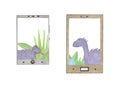 Gold and silver mobile with little dinosaurus and grass. Decorative elements for your design. Leaves, swirls, floral