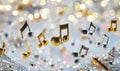 Gold and silver music notes falling against a sparkling bokeh background Royalty Free Stock Photo