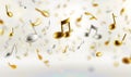 Gold and silver music notes falling on a light background Royalty Free Stock Photo