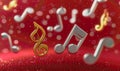 Gold silver music notes on red glitter background with bokeh Royalty Free Stock Photo