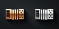 Gold and silver Musical instrument accordion icon isolated on black background. Classical bayan, harmonic. Long shadow
