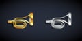 Gold and silver Musical instrument trumpet icon isolated on black background. Long shadow style. Vector Royalty Free Stock Photo