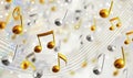 Gold silver musical notes falling on a light background with musical staff Royalty Free Stock Photo