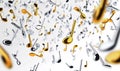 Gold and silver musical notes falling on white background, ideal for music-related visuals Royalty Free Stock Photo