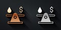 Gold and silver Oil exchange, water transfer, convert icon isolated on black background. Long shadow style. Vector