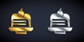 Gold and silver Piece of cake icon isolated on black background. Happy Birthday. Long shadow style. Vector Royalty Free Stock Photo