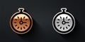 Gold and silver Pocket watch icon isolated on black background. Long shadow style. Vector Royalty Free Stock Photo