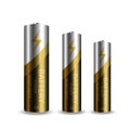 Gold and silver realistic alkaline battery illustration. Diffrent size isolated on white background