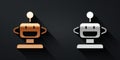 Gold and silver Robot toy icon isolated on black background. Long shadow style. Vector