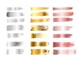 Gold , silver and rose gold paint smear stroke stain set. Abstract gradient texture art illustration. Vector Royalty Free Stock Photo