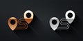 Gold and silver Route location icon isolated on black background. Map pointer sign. Concept of path or road. GPS Royalty Free Stock Photo